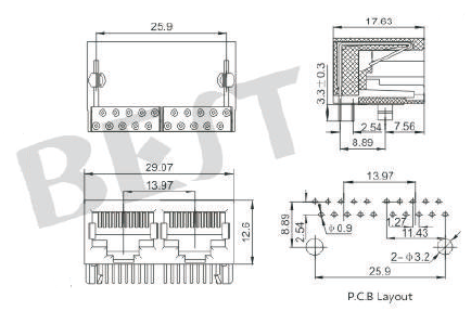 RJ45插座5631 8P8C 1x2參考圖紙